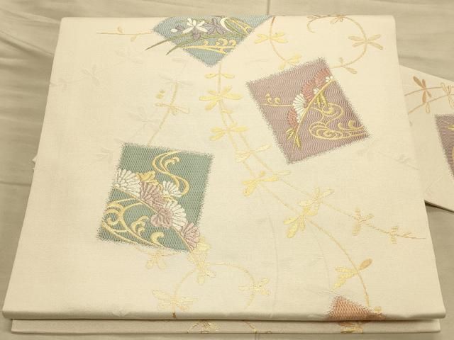 平和屋着物◎九寸名古屋帯 唐織 色紙草花文 金糸 正絹 逸品