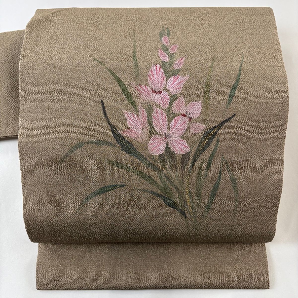 名古屋帯 美品 秀品 草花 霞 縮緬 ピンクベージュ 正絹 中古