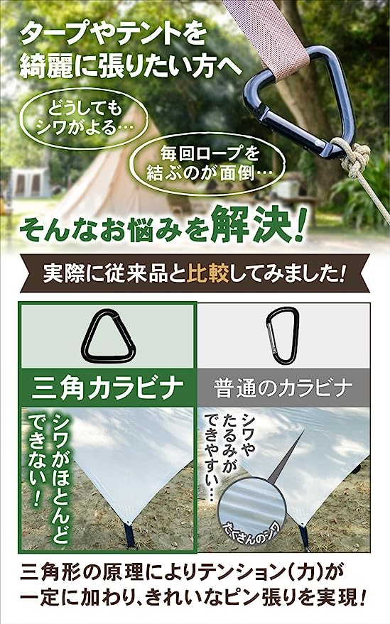 アイテム勢ぞろい GreenWalker 国内耐久試験済み 三角カラビナ 6個セット タープ テント ロープ キャンプ アウトドア