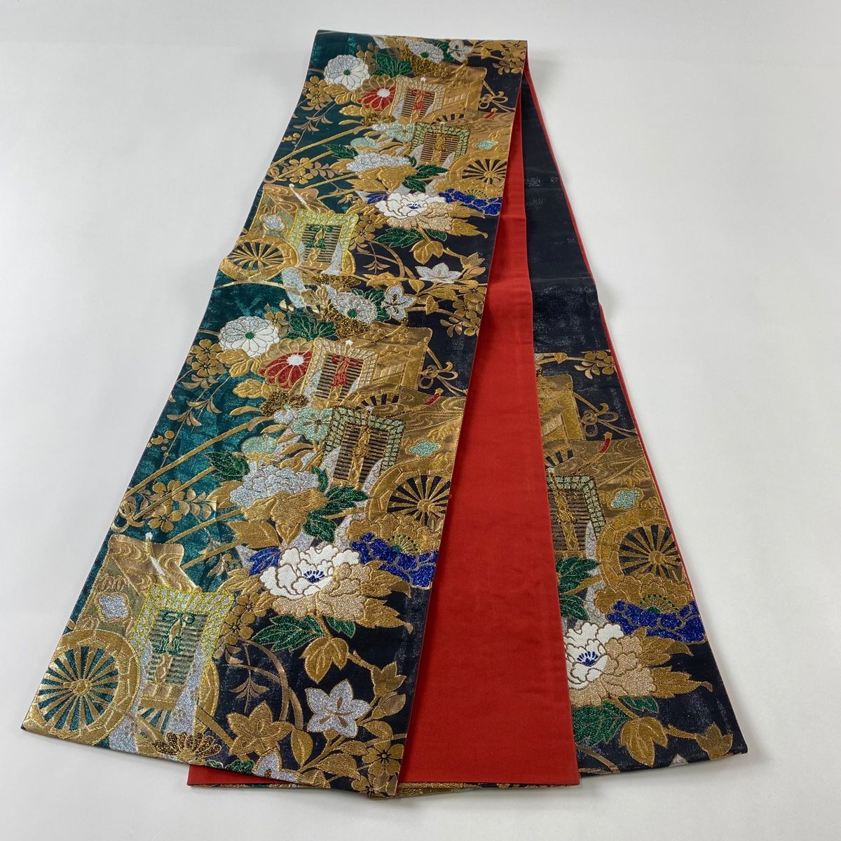 A21 美品　袋帯　唐織　鳳凰冊子 草花 金糸豆緑　六通 正絹 A21 美品 袋帯 唐織 鳳凰冊子 草花 金糸豆緑 六通 正絹 - メルカリ