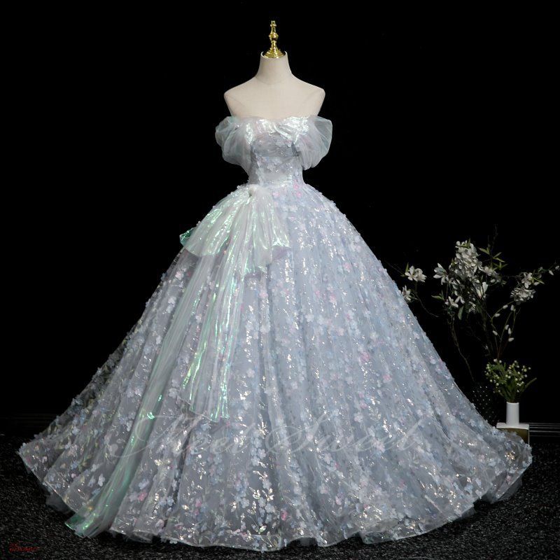 ドレス ライトブルー オフショルダー 小花 フラワー 演奏会 ロングドレス 花嫁 二次会 プリンセス 発表会 ウエディング Aライン ウェディングドレス vor5x394577