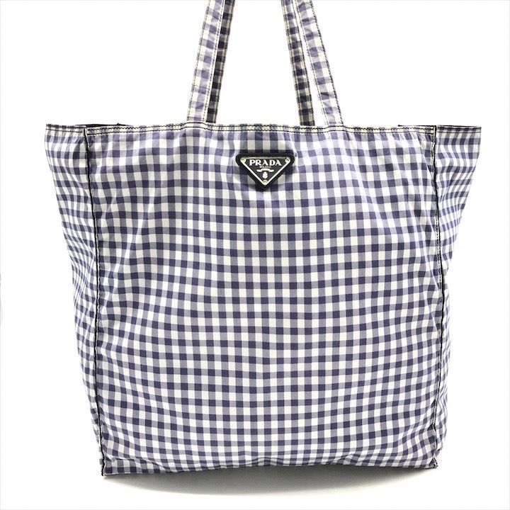 良品 PRADA プラダ 三角ロゴ プレート ギンガムチェック テスート 