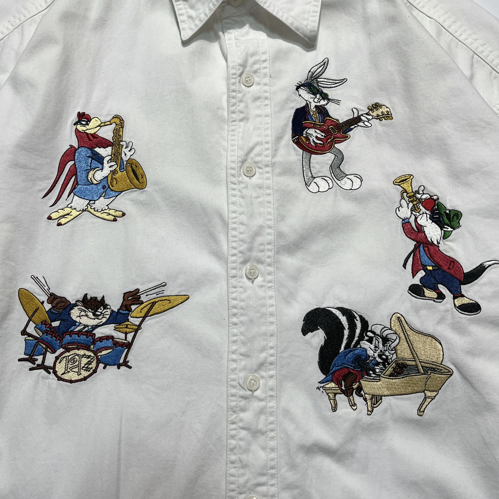 90's LOONEY TUNES 長袖シャツ XL 白 キャラ刺繍 ルーニー