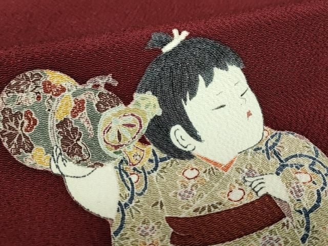 平和屋着物○九寸開き名古屋帯 友禅 作家物 童子遊び 鬼しぼ縮緬 正絹  