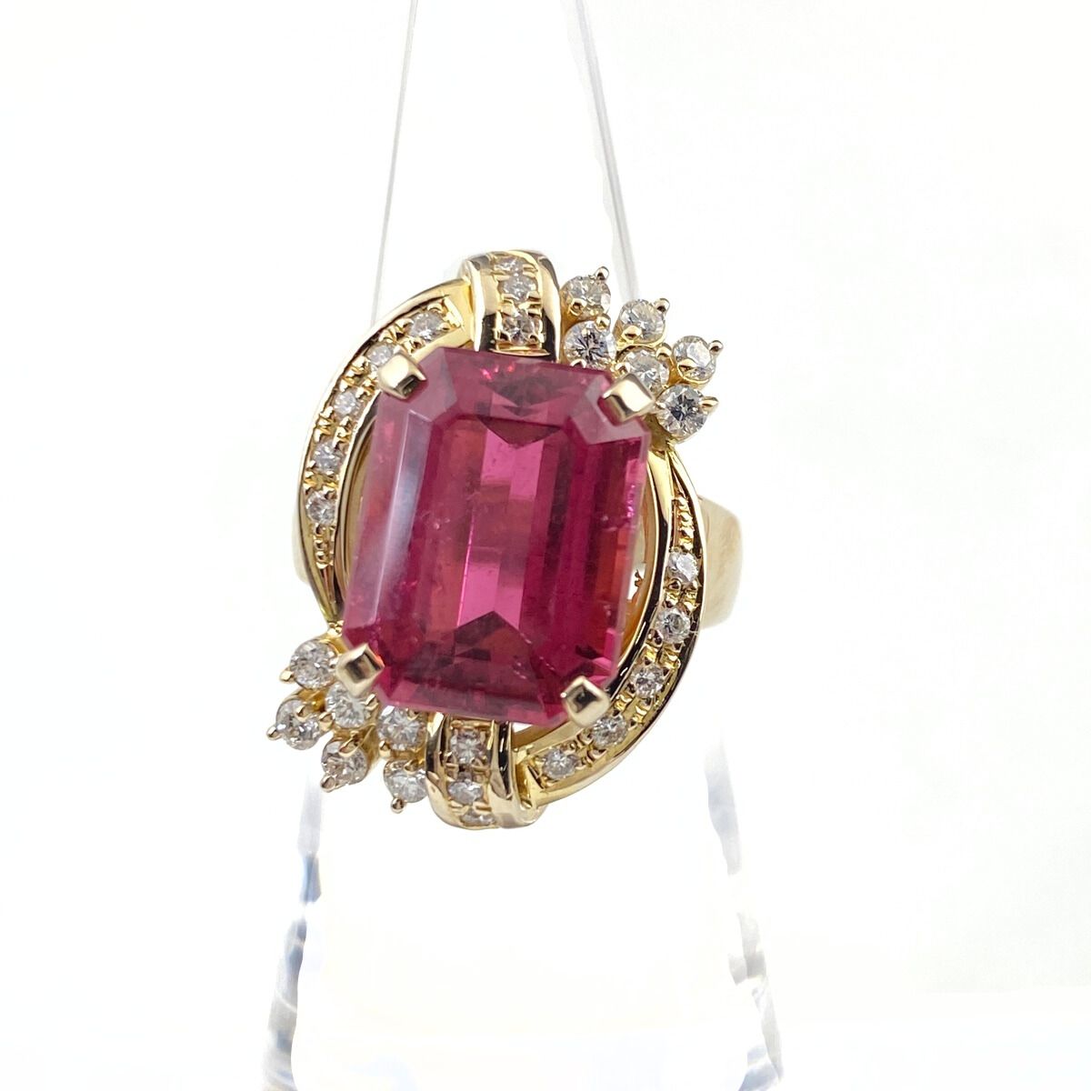 ピンクトルマリン デザインリング YG イエローゴールド 指輪 メレダイヤ リング 11号 K18 ピンクトルマリン ダイヤモンド レディース