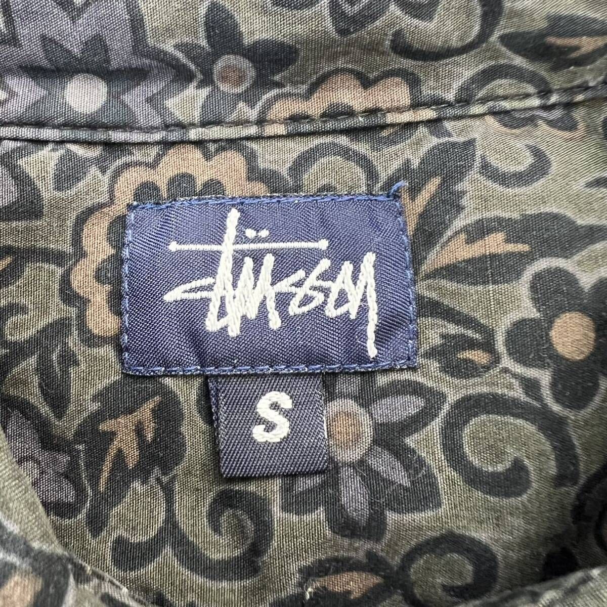 90s ☆ STUSSY ☆ USA製 レトロ柄 総柄 シャツ 長袖 オリーブ S 