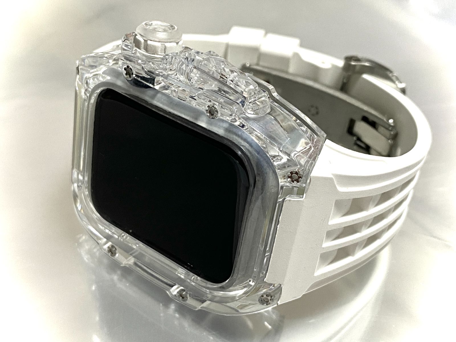 ホワイト アップルウォッチバンド ラバーベルト カバー Apple Watch ウルトラ ultraクリア ケース 49㎜