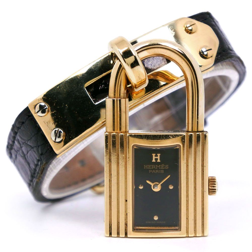 【HERMES】エルメス ケリーウォッチ  金メッキ×クロコダイル 黒 〇W クオーツ アナログ表示 レディース 黒文字盤 腕時計 HERMES】エルメス ケリーウォッチ 金メッキ×クロコダイル 黒 〇W