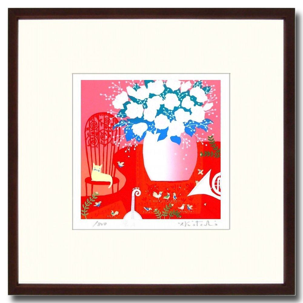 ☆　メルカリ　小鳥　吉岡浩太郎『白いバラ・30角（ブラウン』シルクスクリーン・静物画　花瓶　アートワイド