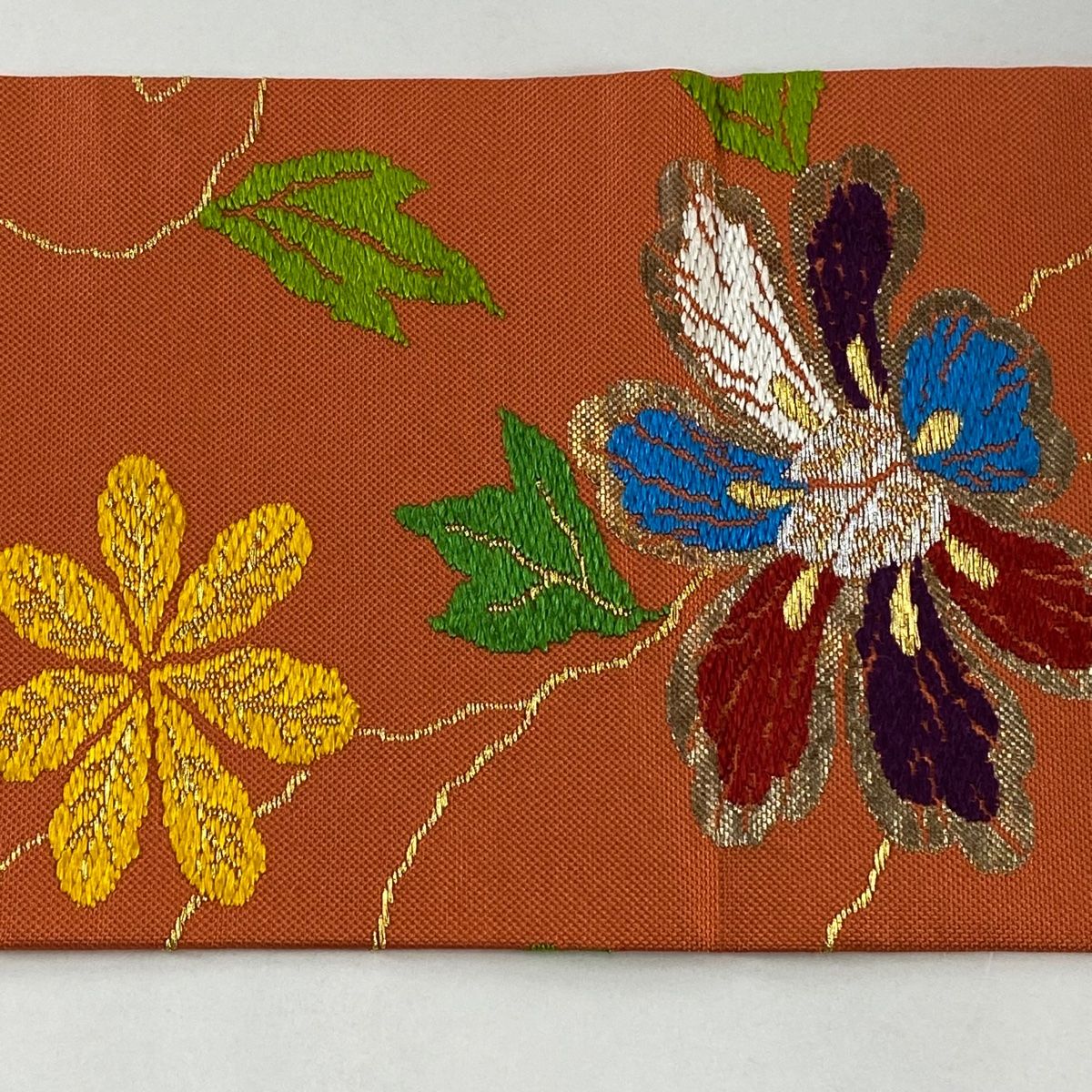 名古屋帯 名品 龍村美術織物 落款 草花 金銀糸 箔 朱色 正絹