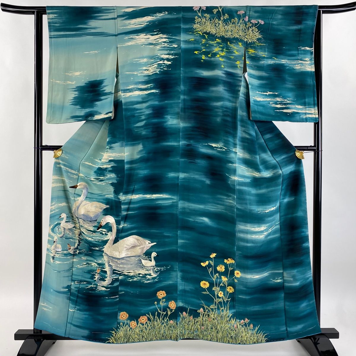 訪問着 身丈160.5cm 裄丈63cm S 袷 大彦 落款 白鳥 湖畔 刺繍 金