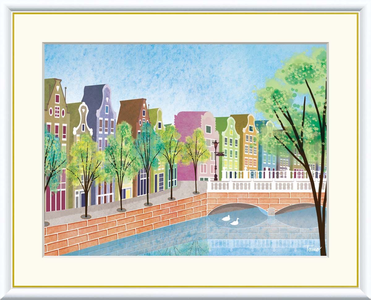 10年保証 名画 油絵 運河と並木 横田友広 手彩仕上 高精細巧芸画