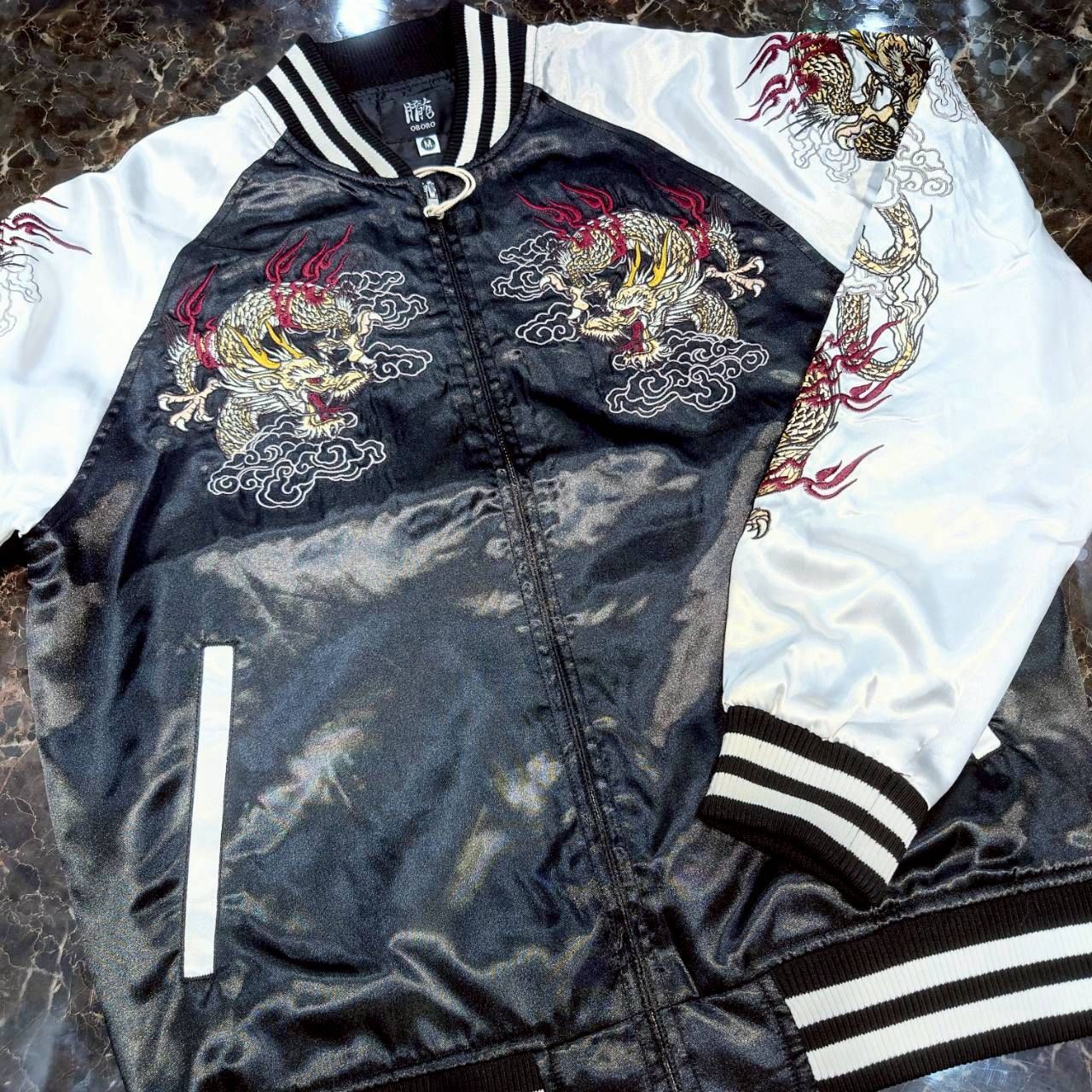 ☆【朧 -OBORO-/双龍 龍 袖龍/スカジャン サテン/総刺繍】長袖