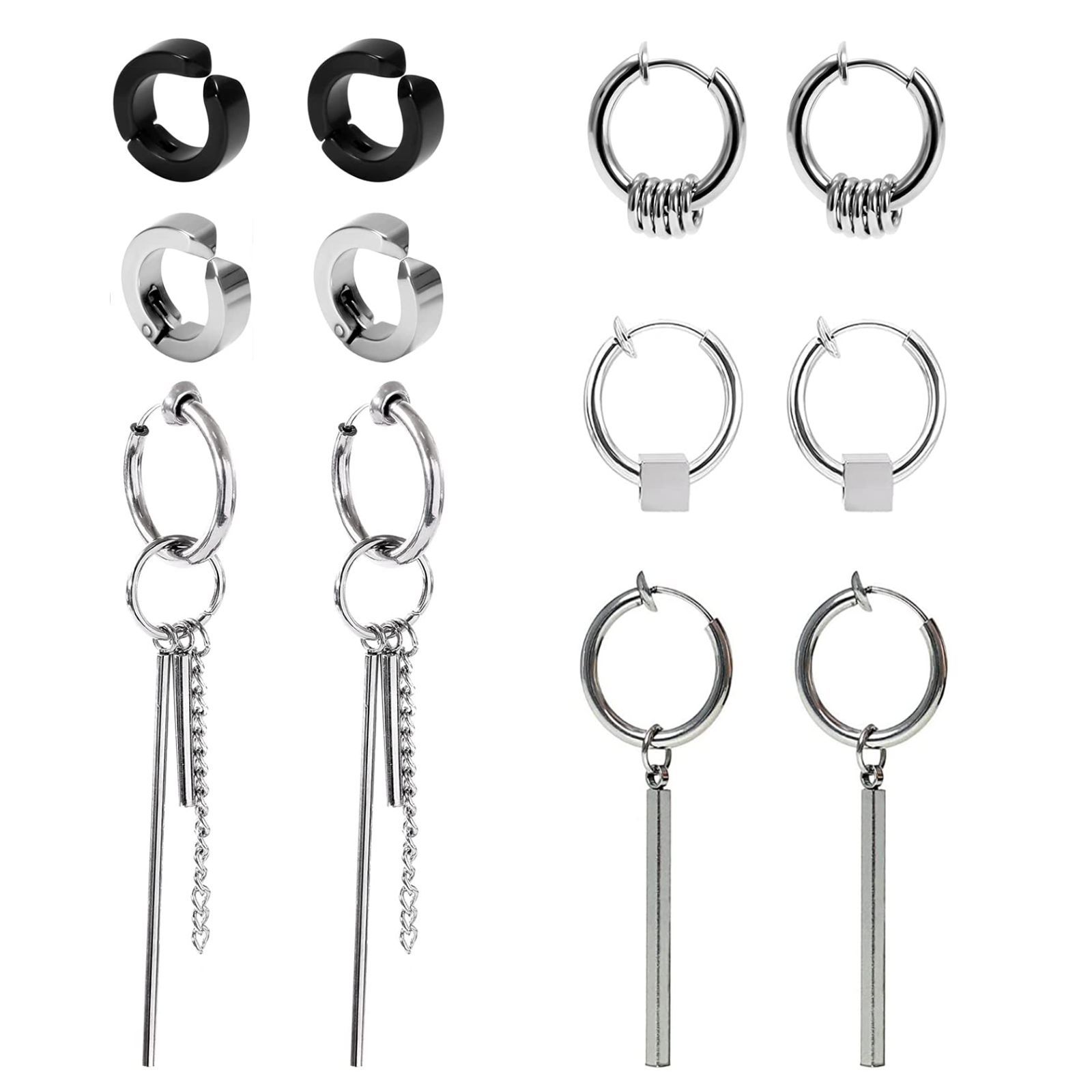 【人気商品】6ペア 金属アレルギー対応 両耳用 男性 12個セット ブラック シルバー 人気 ピアス 収納ポーチ付き ノンホール レディース メンズ メンズ メンズ ユニセックス フェイクピアス 