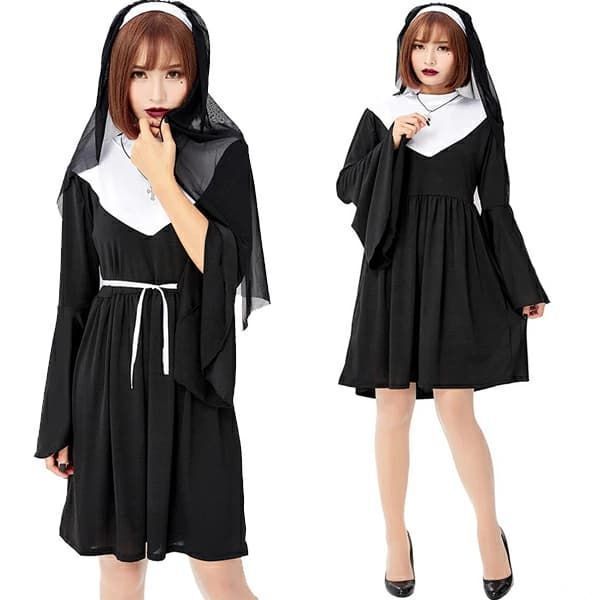 ハロウィン コスチューム シスター 聖女 即 OK 修道女 コスプレ衣装 修道服 修女 cosplay 宣教師 仮装 レディース ドレス マント ワンピース 4点セット 女性用 大人用 ハロウィン パーティー イベント 舞xiaokb392