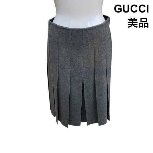 ●◆ グッチ GUCCI スカート 膝下丈 プリーツ グレー ウール カシミア 38 M 9号 レディース H5X019