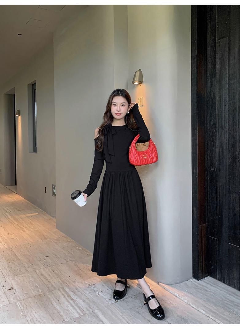 春のワンショルダーロングニットドレス