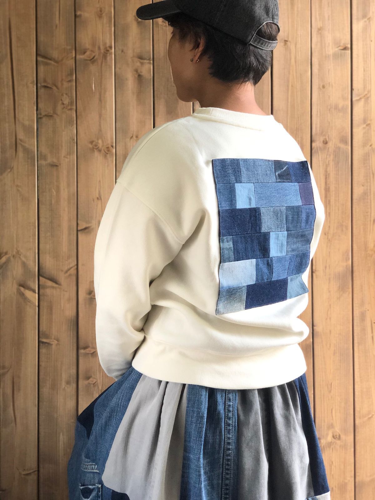 デニムパッチワークバルーンスカート ブルー／インディゴ（発送