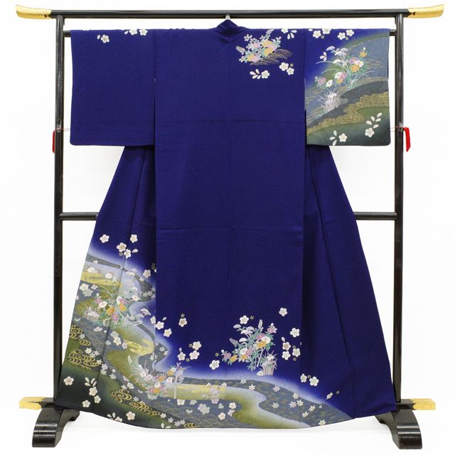 未使用☆総・日本刺繍訪問着☆瑠璃紺☆着丈164☆裄67、5☆ 中古】 訪問