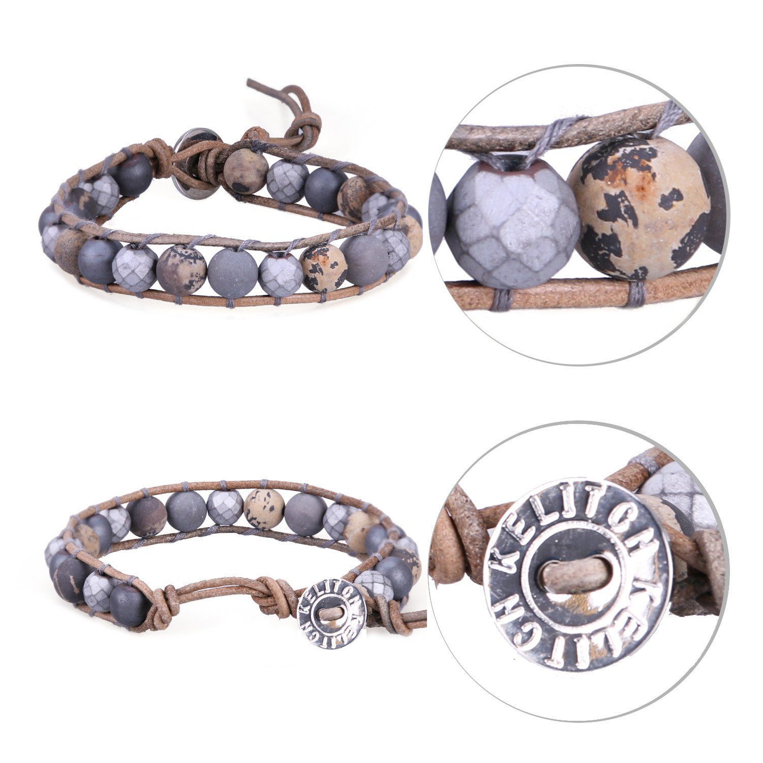 バングル 男女兼用 レザー パワーストーン アンティーク ブレスレット ビーズ ラップ 単連 KELITCH