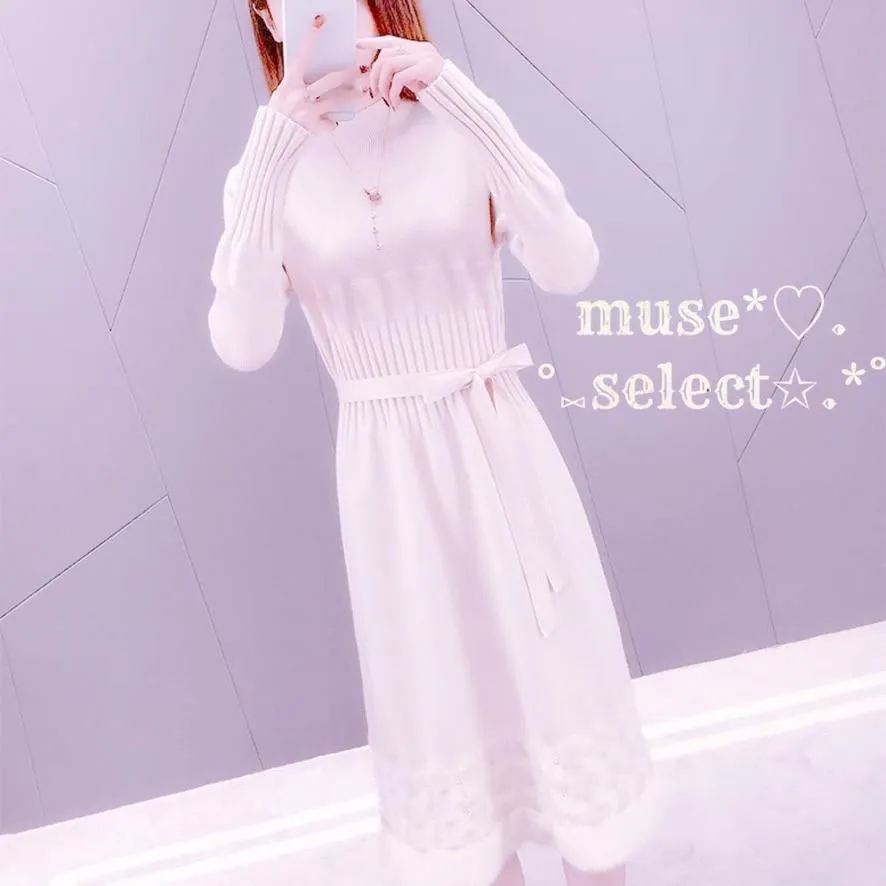 即納】M/L/XL オフホワイト ニットワンピースドレス♥白 ふわふわ