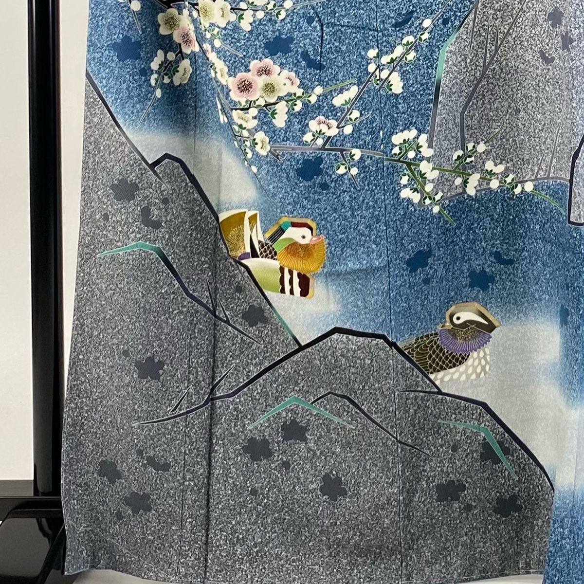 訪問着 身丈167.5cm 裄丈68.5cm L 袷 TOKIO et TOKI 落款 鴛鴦 枝梅 金彩 ぼかし 青 正絹