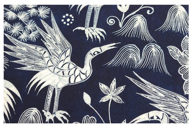 草木染・手作り】白鶴舞う藍染ろうけつ布｜天然素材×伝統美｜ろうけつ