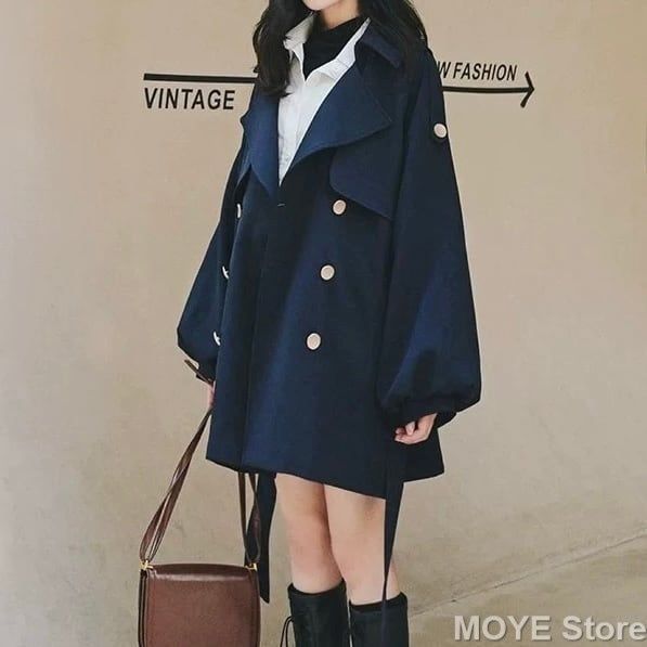 大人 ?ボリュームスリーブトレンチコート レディース 春 コート ネイビー 紺 S M L XL XXL