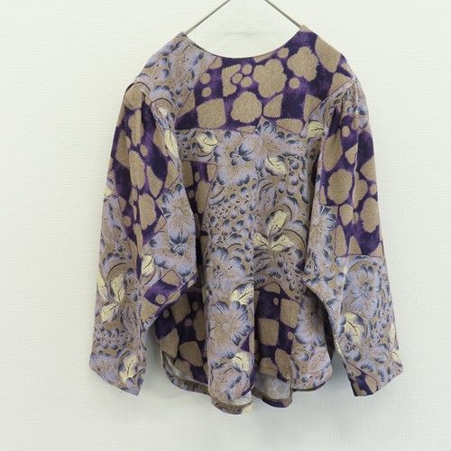 シセンドウ 詩仙堂 ヒトシタムラ ヴィンテージ カットソー ブラウス プルオーバー 七分袖 ちりめん 総柄 a968970