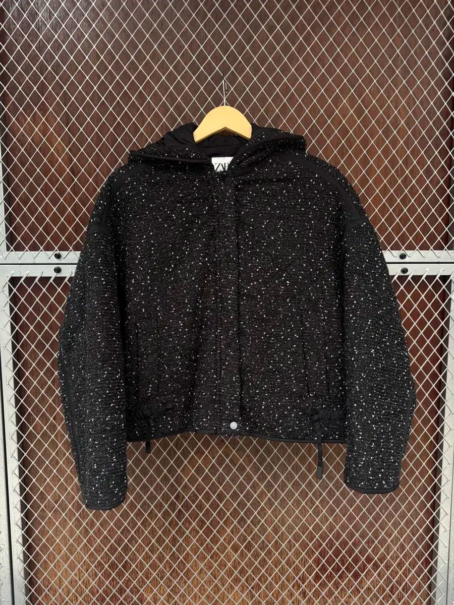 ZARA ザラ ブラック ツイード ぼかし キルティング クロップド フード ジャケット L