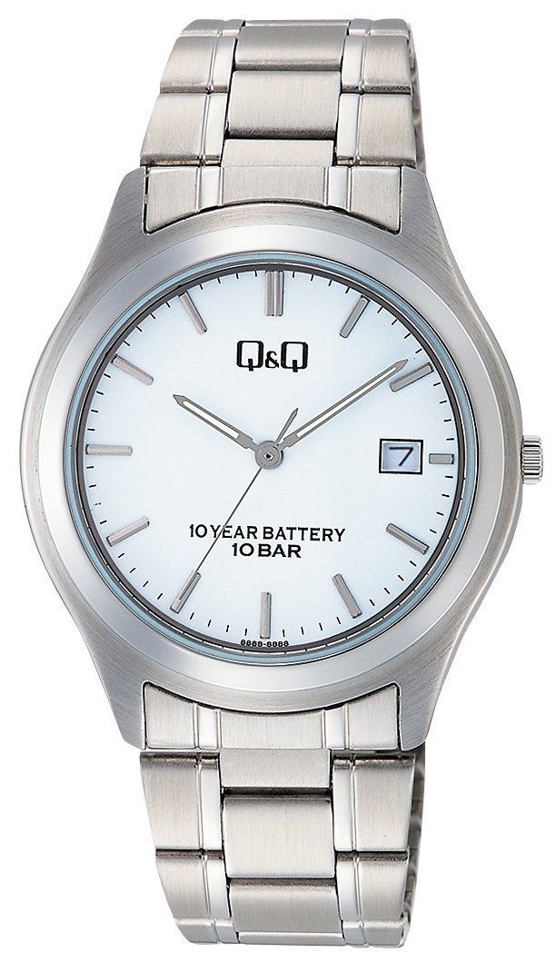 White A [Citizen Q&Q] W476-201 Analog Battery Life 10 Year Waterproof Date Metal Band Watch, White
