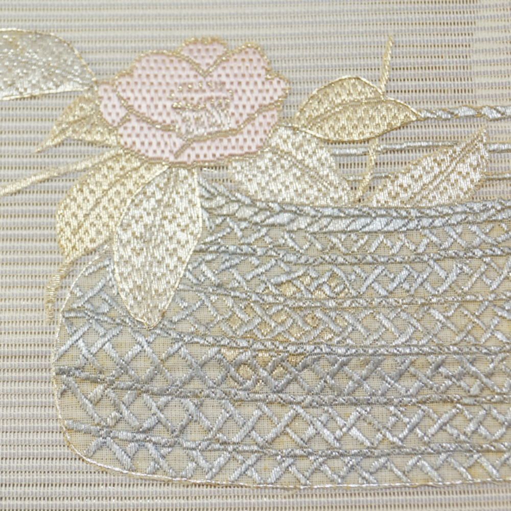 夏物 八寸名古屋帯 絽 綴れ 絽刺し刺繍 花籠模様 正絹 お太鼓柄