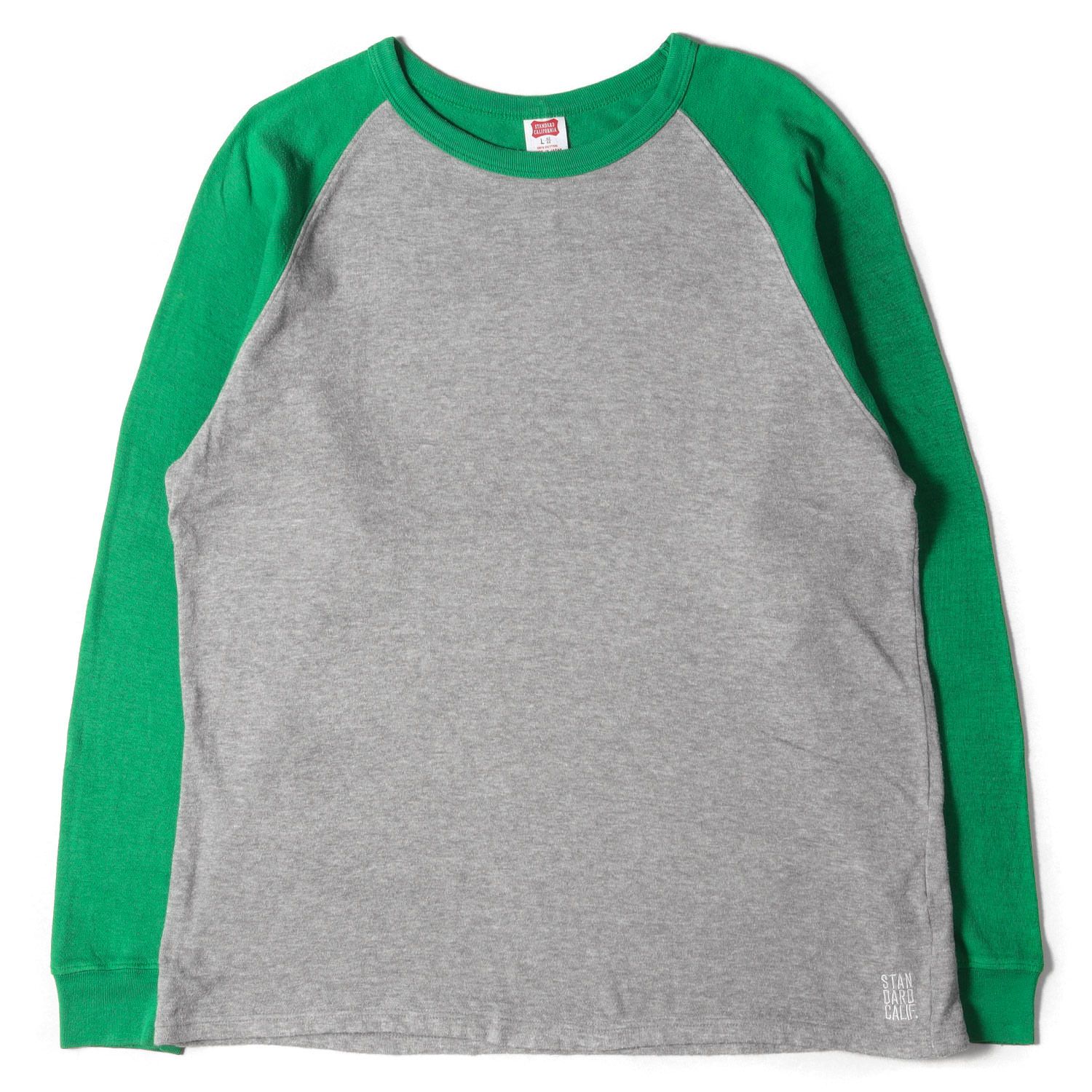 STANDARD CALIFORNIA スタンダードカリフォルニア Tシャツ サイズ:L 2レイヤー ベースボール ロングスリーブ Tシャツ  2LAYER BASEBALL LS-T トップス ラグラン 長袖 カットソー グリーン ヘザーグレー 日本製