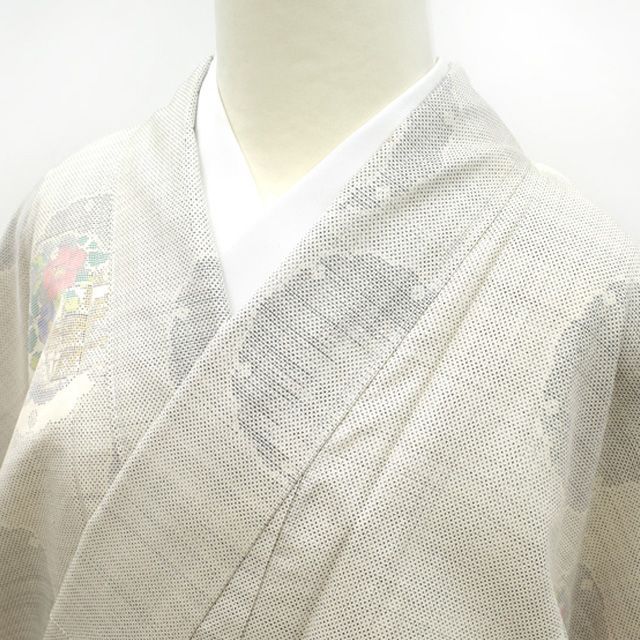 1792.白大島紬 花柄 カタス式 袷 正絹 着物 しつけ糸付き 未着用-