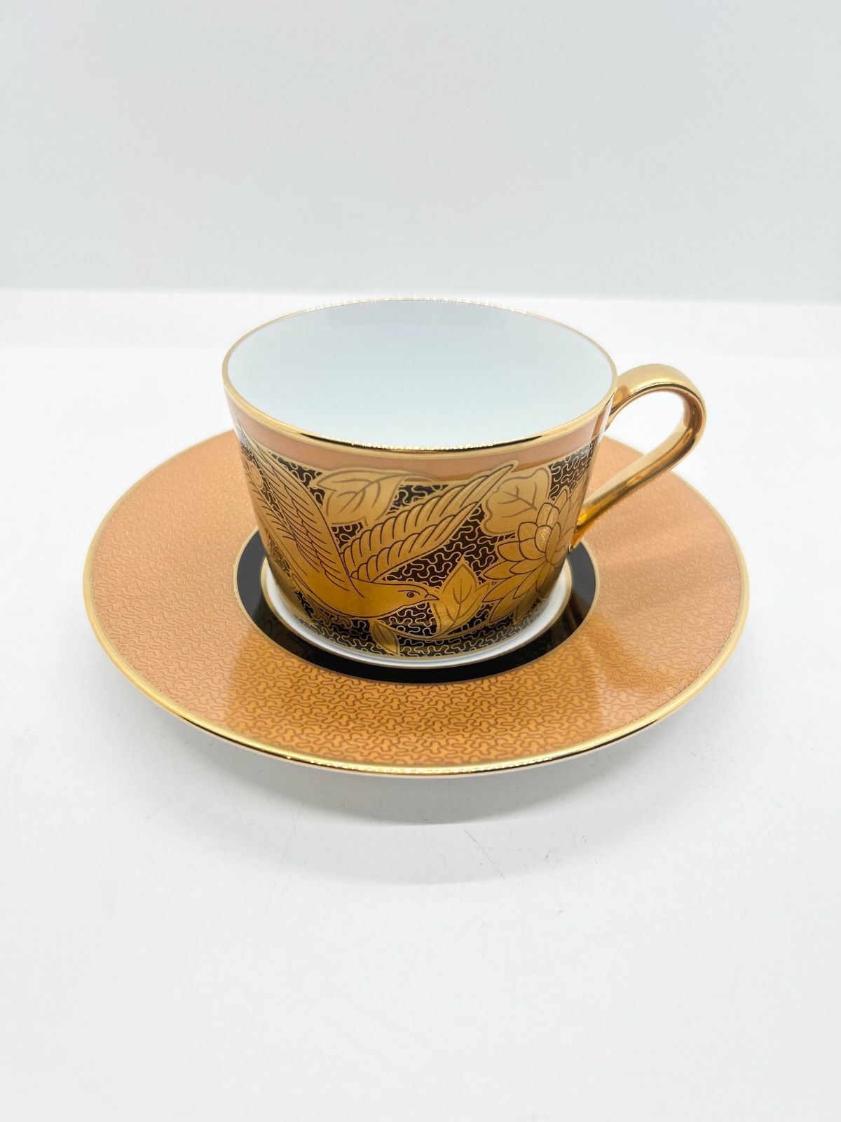 カプチーノカップ＆ソーサー 橙絵花鳥文