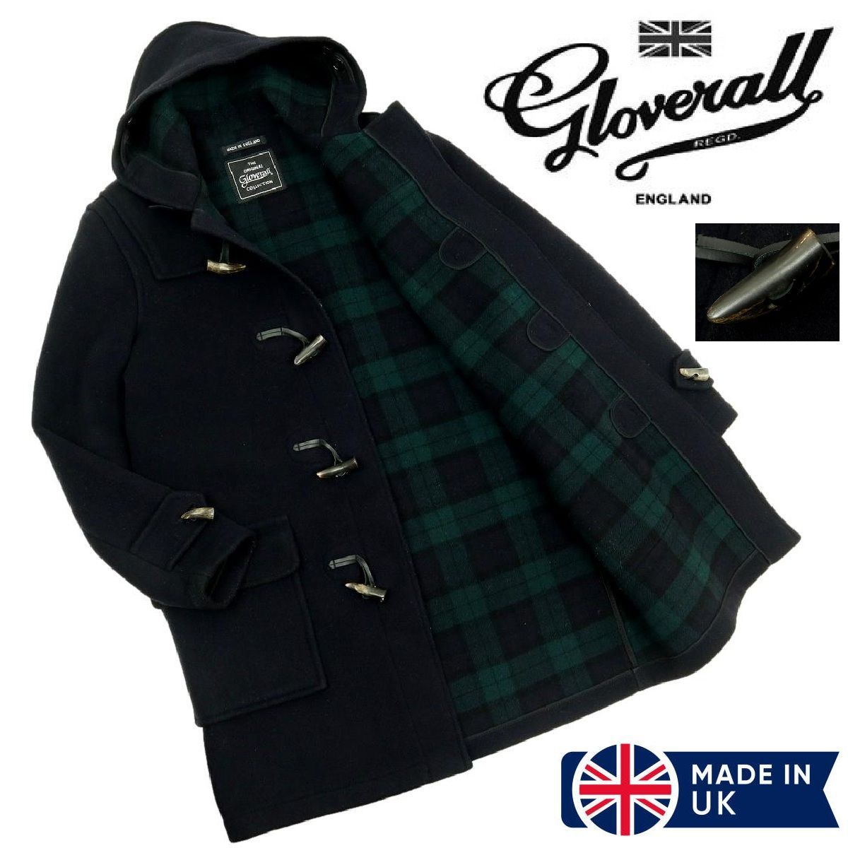 B3486 イングランド製 裏地チェック柄 Gloverall グローバーオール ダッフルコート トグル釦 サイズL