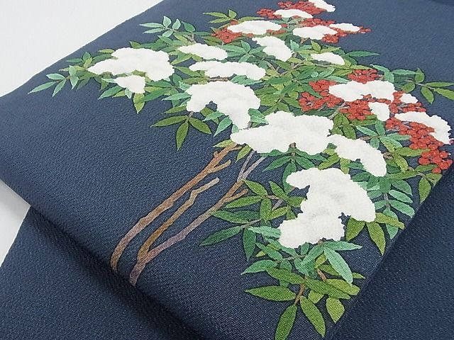 平和屋-こころ店■極上　九寸名古屋帯　雪持ち南天　鬼しぼ縮緬　正絹　逸品　未使用　KAAA10448kk4 平和屋-こころ店□極上 九寸名古屋帯 雪持ち南天 鬼しぼ縮緬 正絹 逸品