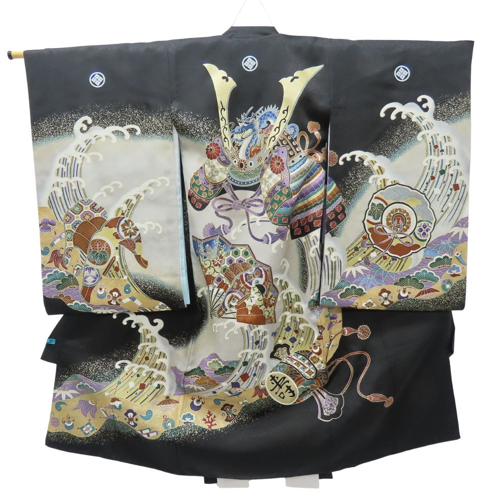 子供着物 祝着 正絹 金銀糸除く 化学繊維 ブラック グレー マルチ 襦袢付き 男の子用 兜柄 和装 呉服 和服 きもの