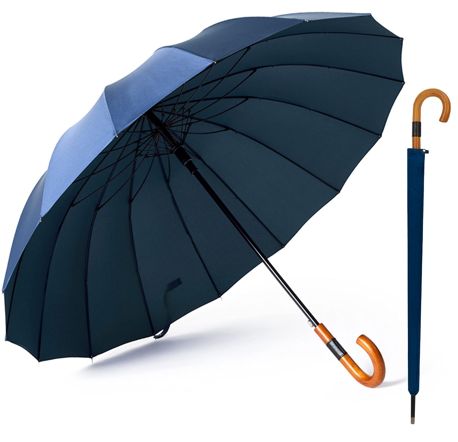 Aiyoupin傘 メンズ 傘 16本骨 紳士傘 ジャンプ傘 大きい メンズ長傘 ワンタッチ傘 丈夫 テフロン加工 撥水 耐風大きい長傘 梅雨対策 晴雨兼用 収納ポーチ付き 紳士長傘