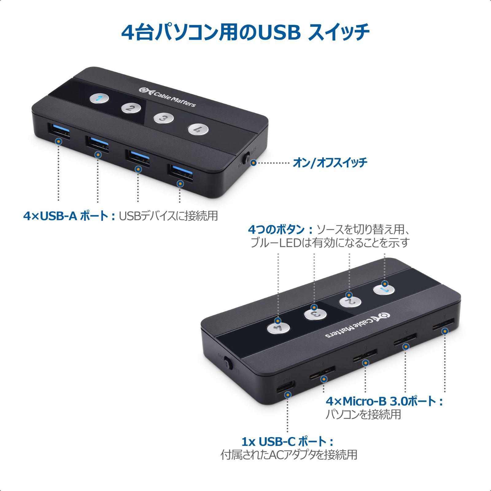 3.0 USB 4台PC用 4入力4出力 4ポート 5Gbps USB USB切替器 切り替え usb スイッチ Matters 手動切替器 リモコン Cable USB-A USB-C変換アダプタ付き
