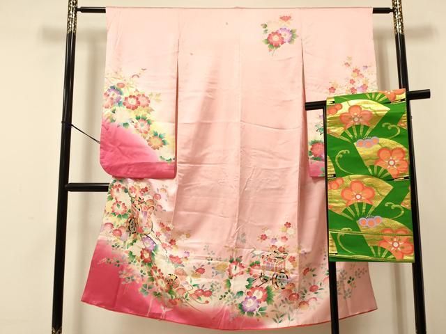 407ag96□七五三 七歳 女児 着物&袋帯&長襦袢 金彩 鼓 花文□美品 平和屋着物[]七五三 女の子 7歳 祝着 四つ身 袋帯セット 御所解鼓花