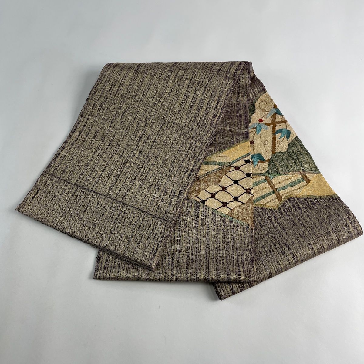 袋帯 秀品 葉と実 網目 箔 金糸 紫 お太鼓柄 正絹 【中古