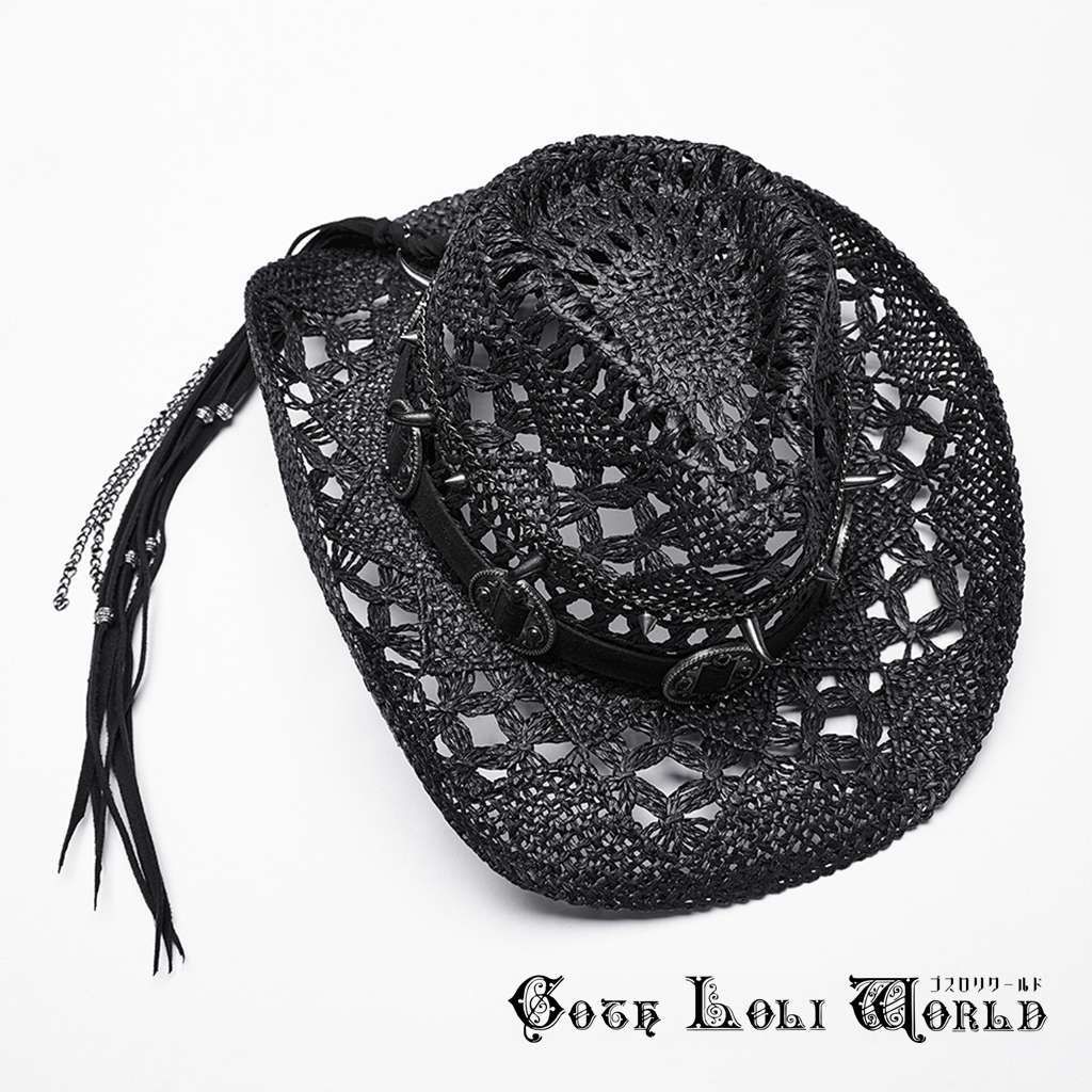 WS-675MZ-BK バックドロスト 麦わら風 ウエスタン カウボーイ ハット 帽子 ファッション ゴシック ゴスロリ パンク ロック ビジュアル系 V系 モード系 地雷系 サブカル コスプレ ライブ ステージ 舞台 仮装 SM サイバー ハロウィン 衣装