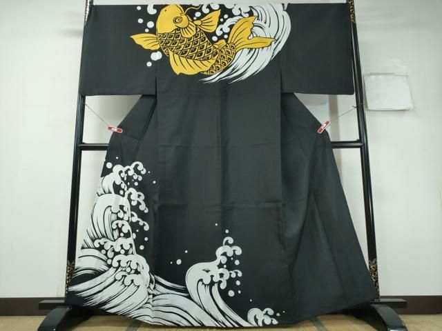 平和屋着物▽男性 訪問着 単衣 鯉の滝登り 黒地 洗える着物 ♥ CAAY4697ng