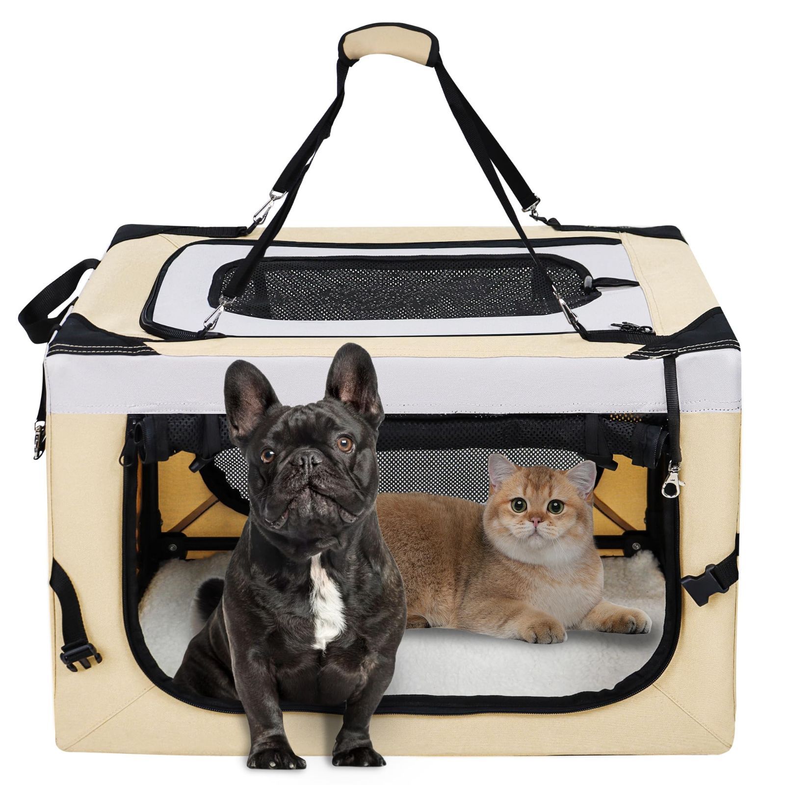 数量 Stefanie ペットキャリークレート 小型犬 猫 ソフトクレート キャリーバッグ 折りたたみペットケージ 給水ボトルバンド付き 洗濯 10kgまで 災害 簡易ハウス アウトドア 病院 キャンプに大活躍 M ベージュ
