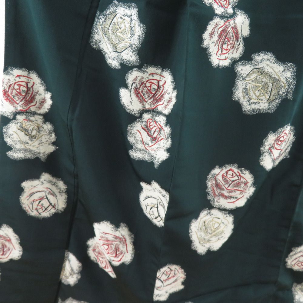 アンティーク 御召 薔薇柄 緑色 袷 広衿 正絹 昭和レトロ 紋なし 昔