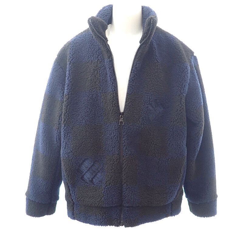 ルイヴィトン×NIGO ボアフリースブルゾン ダミエ柄 ロゴ刺繍 黒×濃紺 L LOUIS VUITTON - ルイヴィトン×NIGO ボアフリースブルゾン