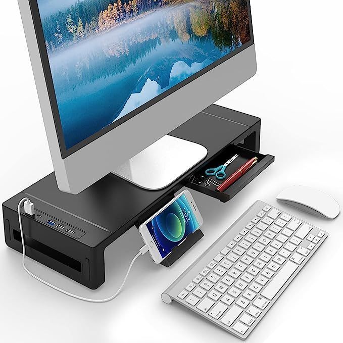 HUASUN モニター台 USB2.0/3.0データ転送付き 机上台 USB/TYPE-C充電付き 折りたたみ可能 ディスプレイ 台 引き出しとスマホホルダー付き パソコン 台 幅3段階可変 モニタースタンド ノートパソコン