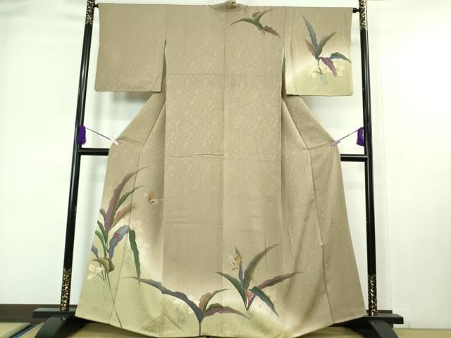 平和屋着物■極上　訪問着　作家物　舞蝶草花文　てんとう虫　空五倍子色地　暈し染め　金彩　逸品　DZAA6891kh5 平和屋着物□極上 訪問着 作家物 舞蝶草花文 てんとう虫 空