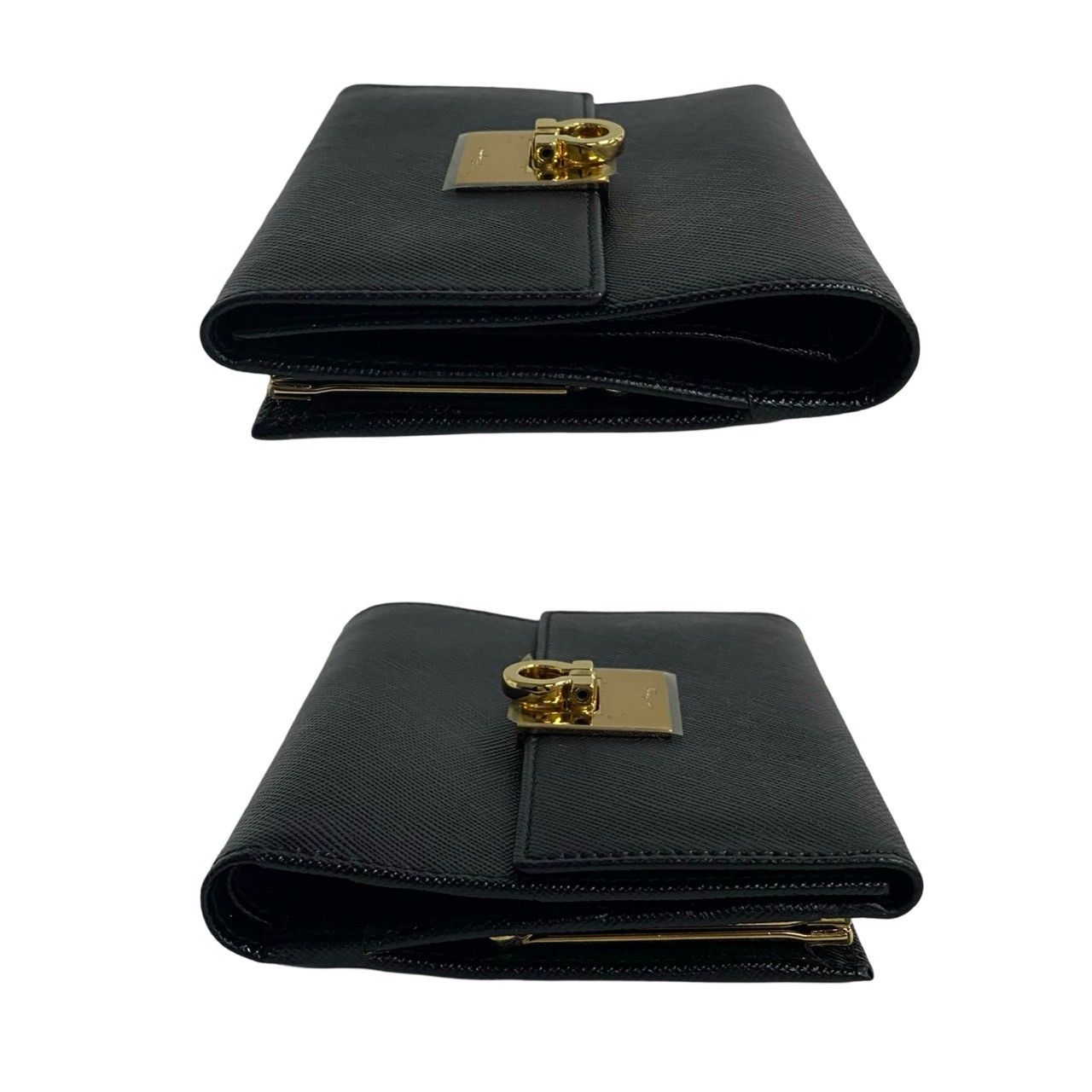 ✨未使用保管品・箱付き✨　フェラガモ　二つ折り　ガンチーニ　がま口　黒　レザー ✨未使用保管品・箱付き✨ フェラガモ 二つ折り ガンチーニ がま口 黒